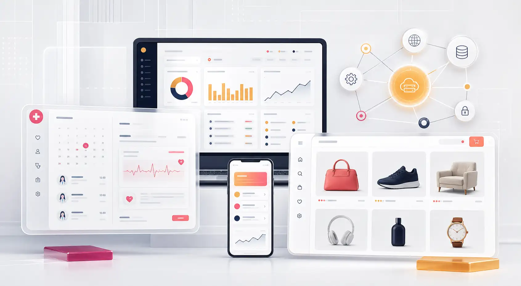 Industry collage representing healthcare, ecommerce, education, logistics, and professional services systems.