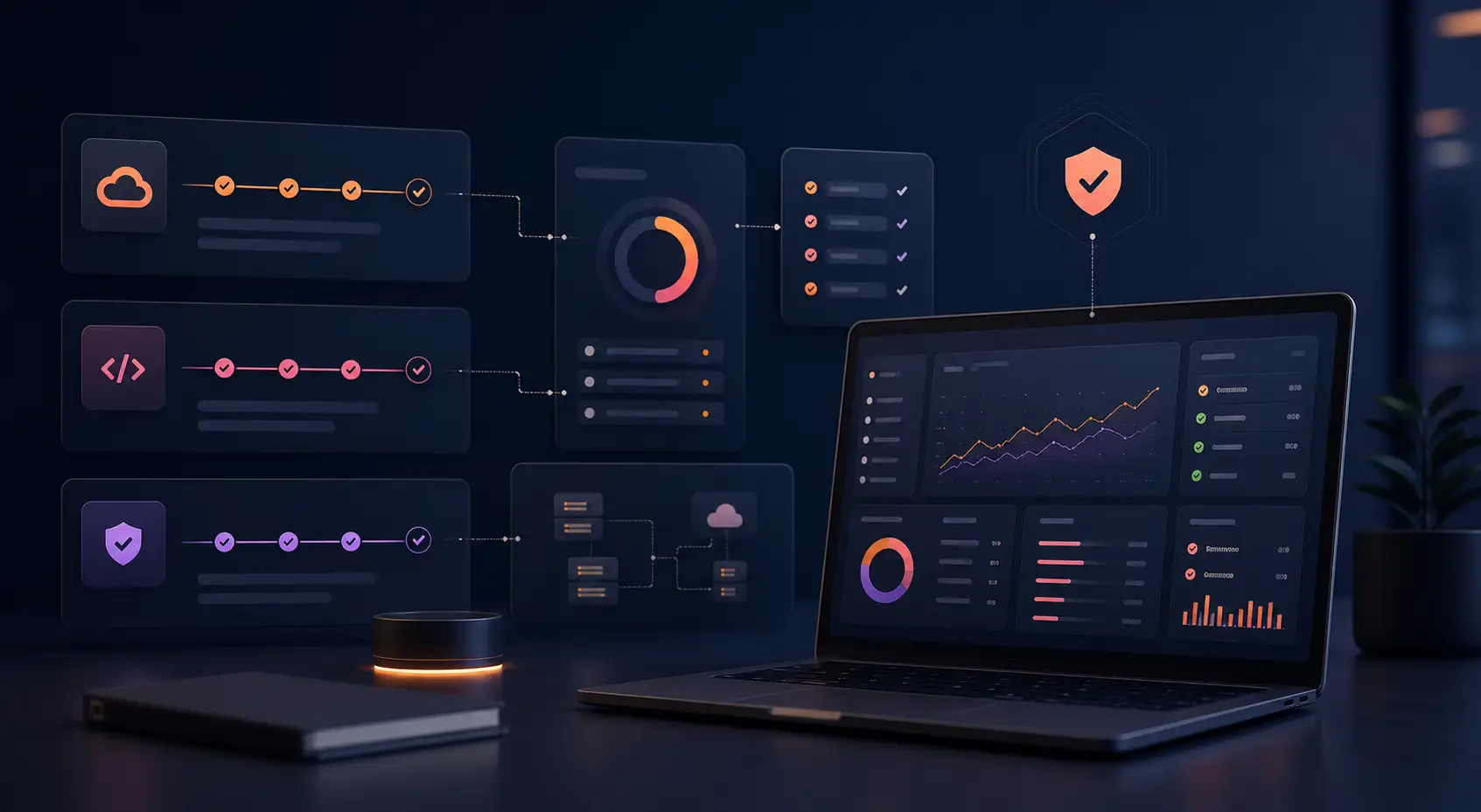 Dark technical support visual showing software monitoring, integrations, and long-term maintenance workflows.