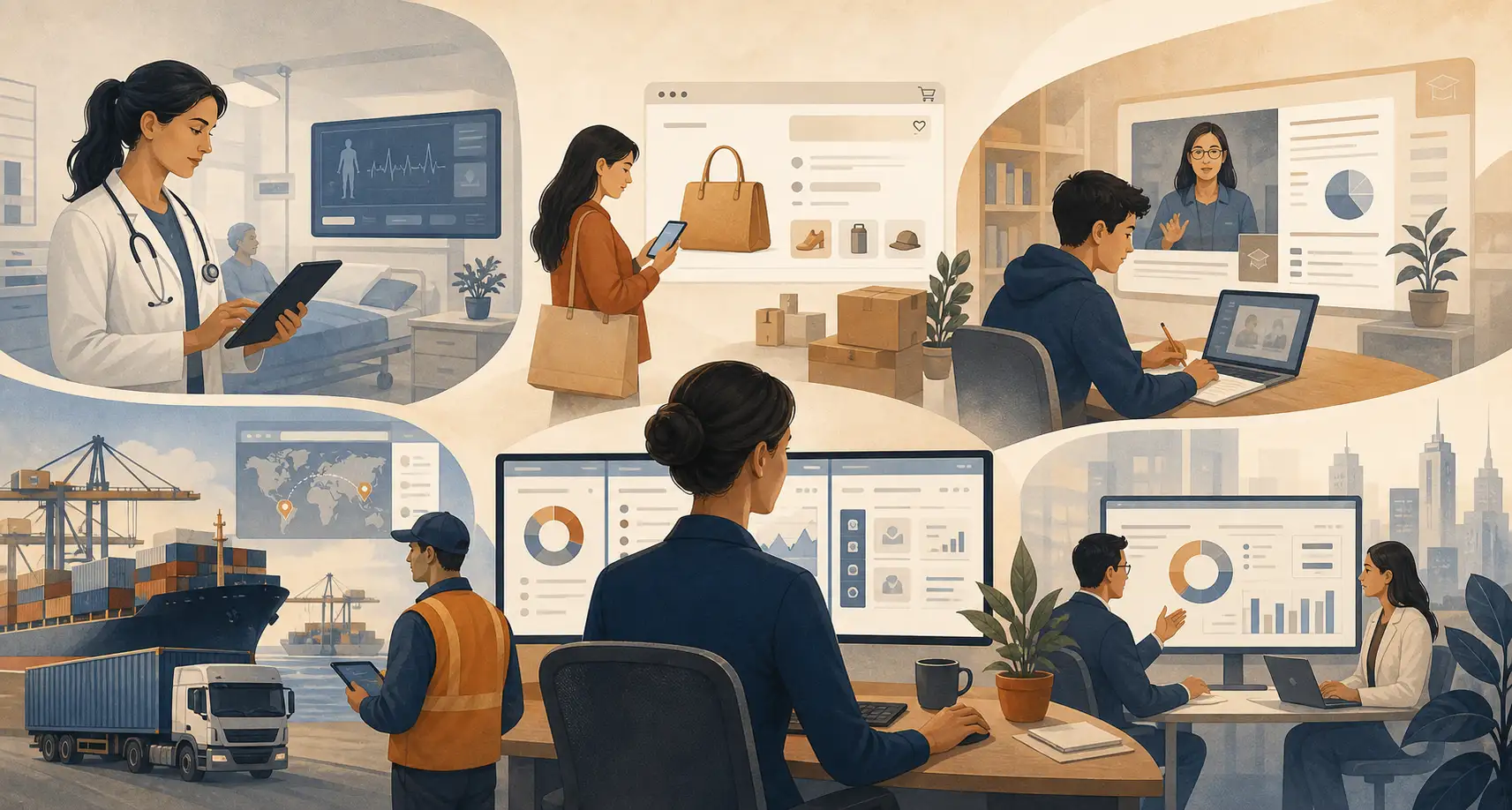 Industry collage showing healthcare, retail, education, logistics, and business operations in a premium editorial composition.