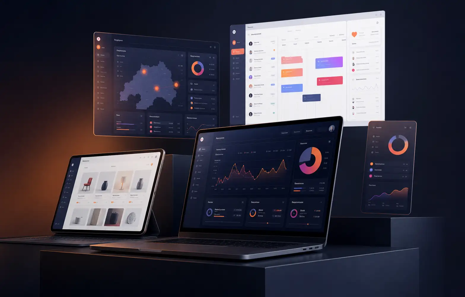 Business software portfolio composition showing dashboards, workflow tools, and web application interfaces.