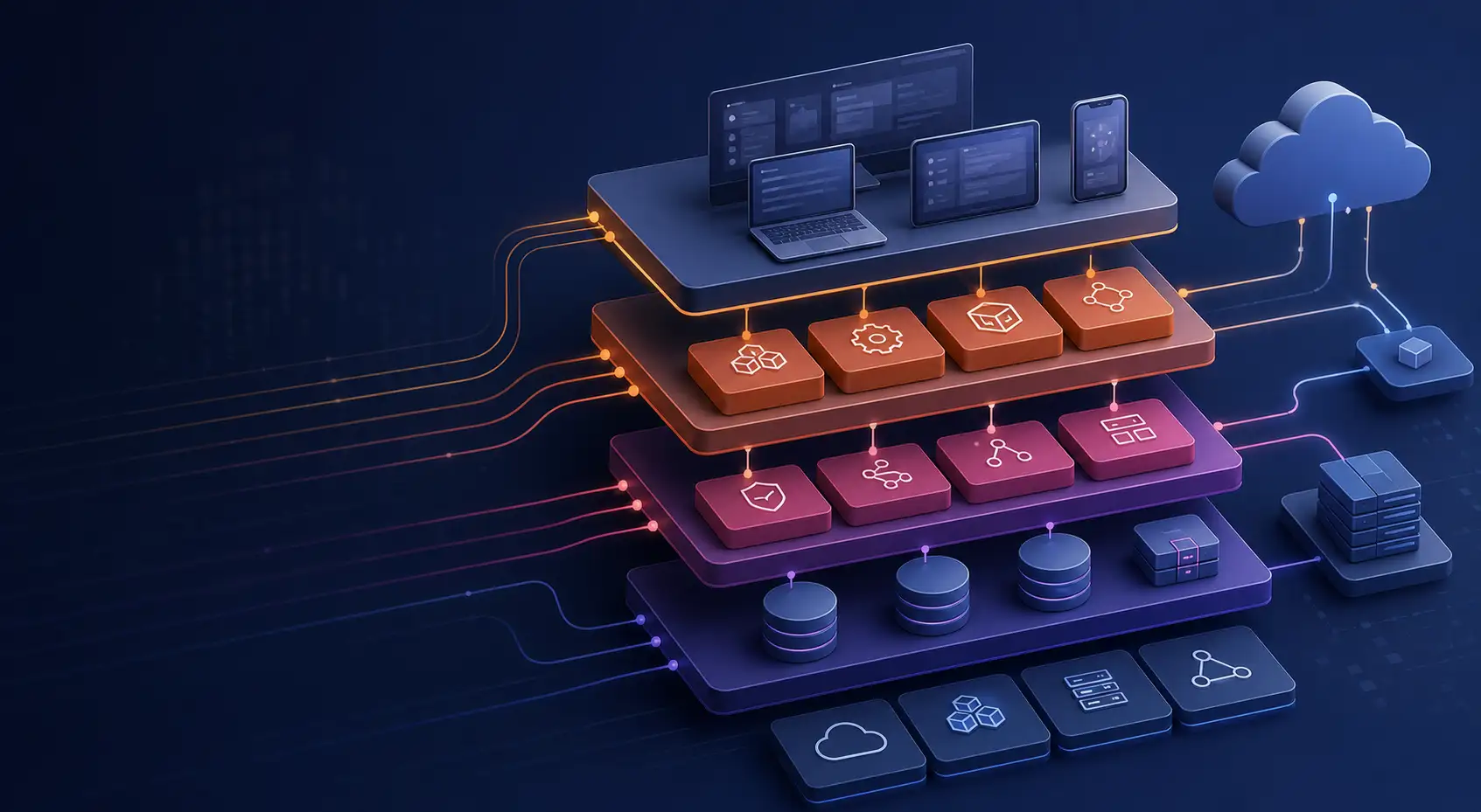 Software technology layers for backend services, interfaces, databases, APIs, and cloud deployment.